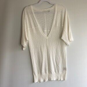 Halogen White Deep V-Neck Sheer Short Sleeve Exposed Seem Detail Blouse Size L